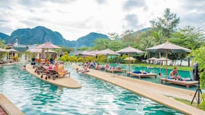 Outdoor pool, pool umbrellas, pool loungers