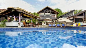 Outdoor pool, pool umbrellas, pool loungers