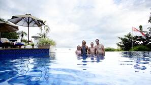 Outdoor pool, pool umbrellas, pool loungers