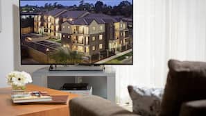 50-inch LCD TV with cable channels, Netflix, DVD player