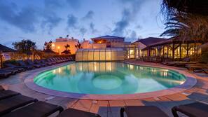 Indoor pool, outdoor pool, pool umbrellas, pool loungers