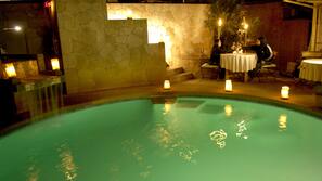 Outdoor pool, pool umbrellas, pool loungers