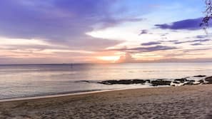 Bãi biển riêng, ghế dài tắm nắng, dù trên bãi biển, khăn tắm biển