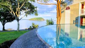 Seasonal outdoor pool, pool umbrellas, sun loungers