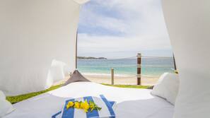 On the beach, beach towels