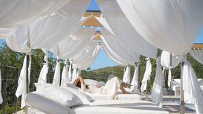 Outdoor pool, pool umbrellas, pool loungers