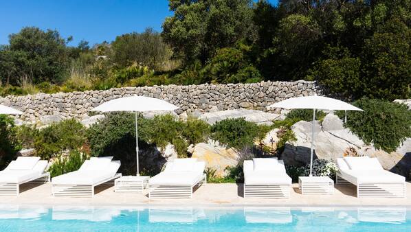 Outdoor pool, pool umbrellas, pool loungers
