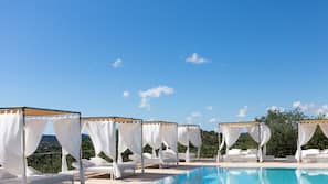 Outdoor pool, pool umbrellas, pool loungers