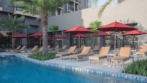 2 outdoor pools, pool umbrellas, pool loungers