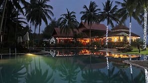 Outdoor pool, pool umbrellas, pool loungers