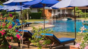 Outdoor pool, pool umbrellas, pool loungers