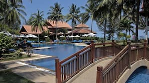 Outdoor pool, pool umbrellas, pool loungers