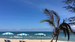 On the beach, sun-loungers, beach umbrellas