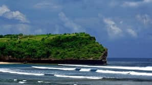 Beach nearby, white sand, beach towels, surfing