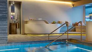 Indoor pool, outdoor pool, pool umbrellas, sun loungers