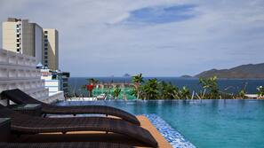 Outdoor pool, pool umbrellas, pool loungers