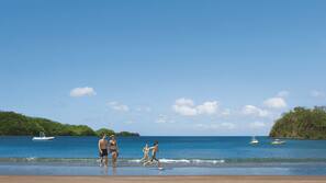 Private beach, white sand, sun-loungers, beach umbrellas