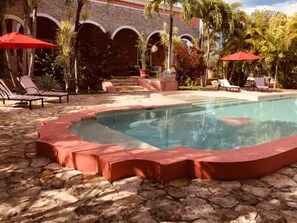 Outdoor pool, pool umbrellas, sun loungers