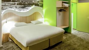Premium bedding, desk, blackout curtains, soundproofing