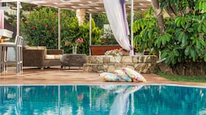 Outdoor pool, pool umbrellas, pool loungers