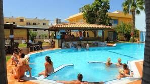 Outdoor pool, pool umbrellas, pool loungers