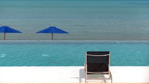 Outdoor pool, pool umbrellas, pool loungers
