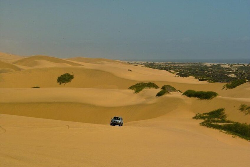 A vehicle navigating a sandy dune landscape with sparse vegetation and a distant view of a town. 3
