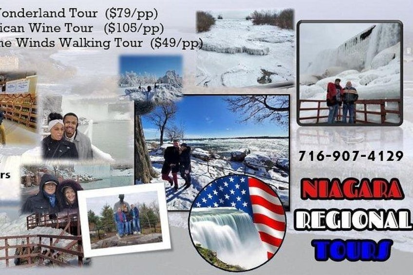 Collage de paisajes invernales y opciones de recorrido, incluyendo un anuncio de Niagara Regional Tours con información de contacto. 5