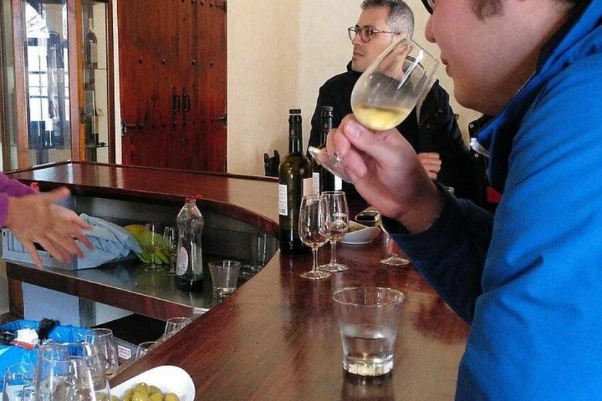 En person som håller i ett vinglas vid en bardisk med en träinredning, vinflaskor och glas. 3