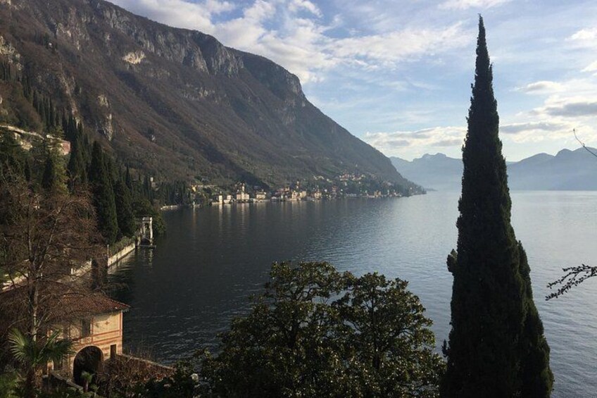 A lake with mountains in the background, a tall tree in the foreground, and a building on the left. 3