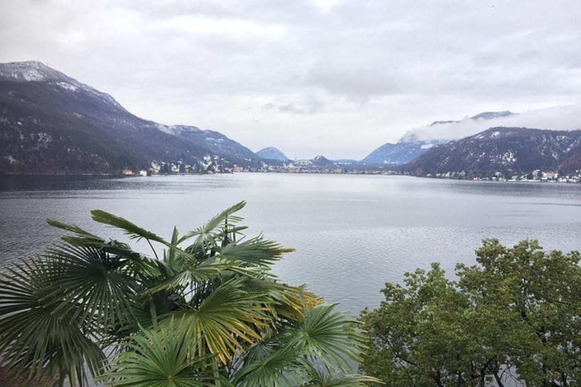 A lake with mountains in the background and tropical plants in the foreground. 2