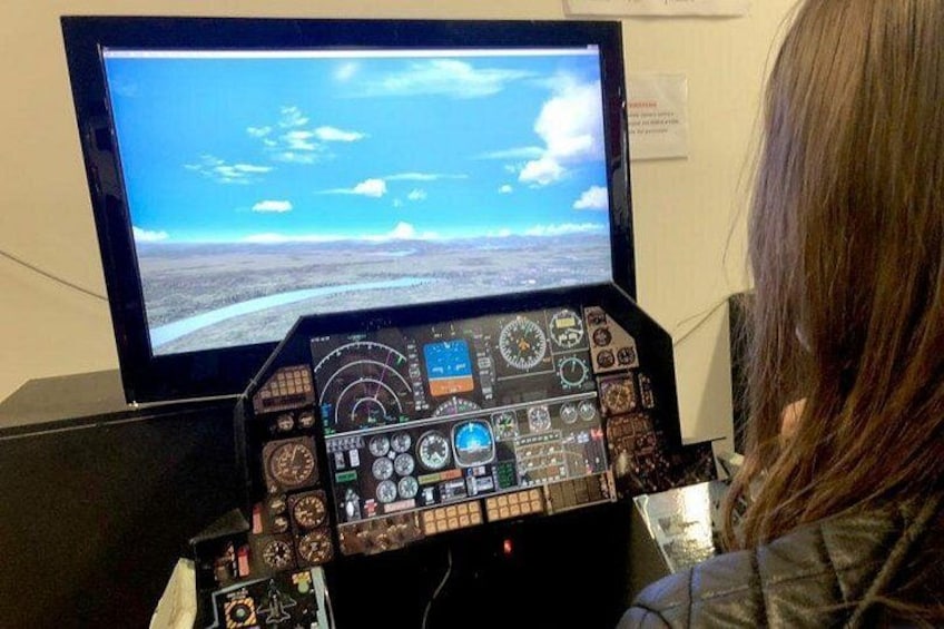 Un simulador de cabina con un monitor que muestra una vista de paisaje. 5
