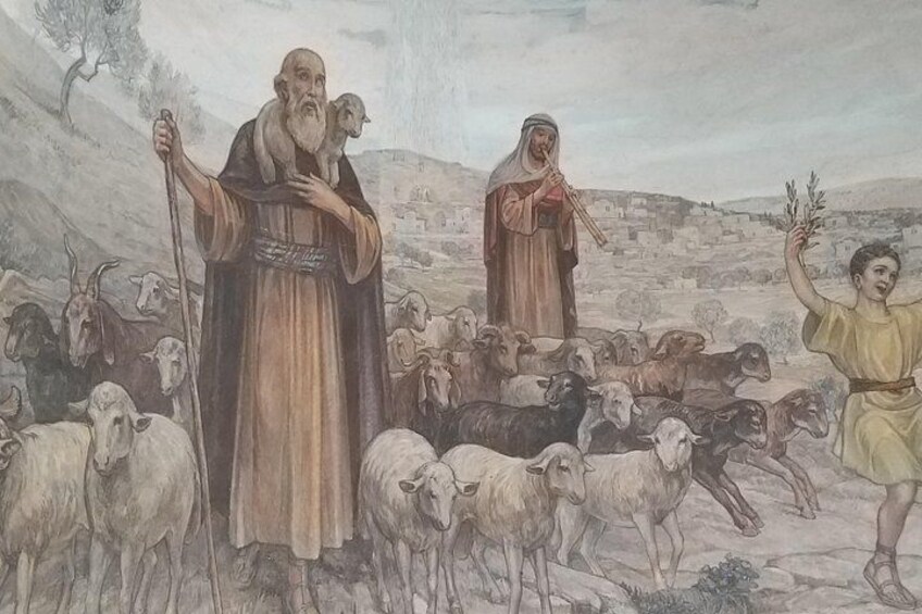 Escena campestre con un pastor guiando un rebaño de ovejas y cabras, una mujer con una rama y un niño. 4