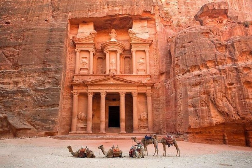 A carved rock facade with a central doorway, surrounded by camels. 1