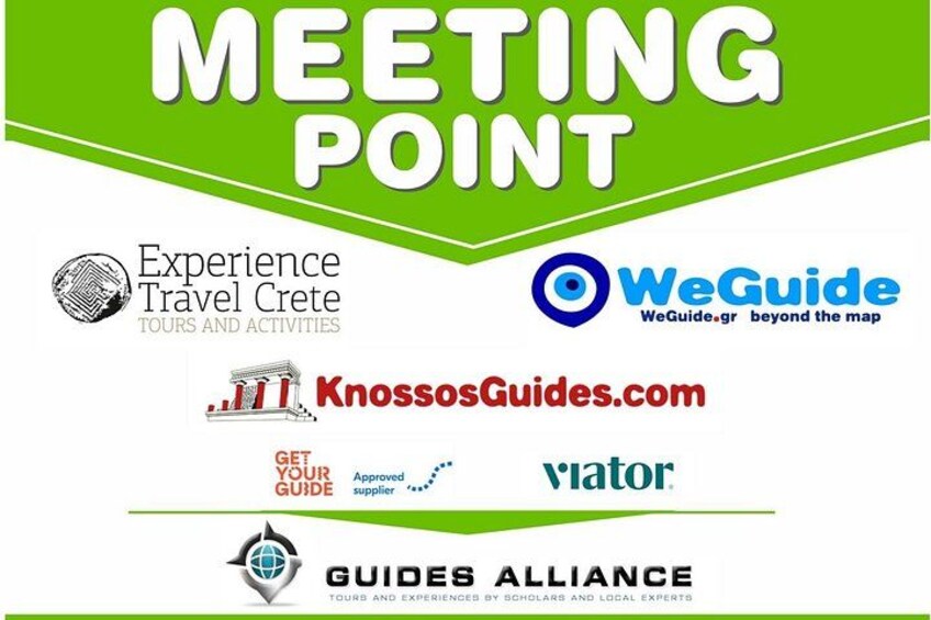 Un banner verde con el texto 'MEETING POINT' y los logotipos de Experience Travel Crete, WeGuide, KnossosGuides.com y Vlator. 4