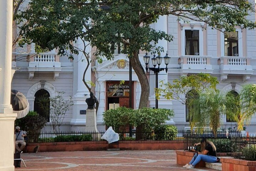 A historic building with a plaque, a tree, and a person sitting on a bench. 3