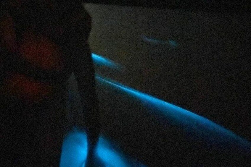 Un espace faiblement éclairé, avec une source de lumière bleue. 2
