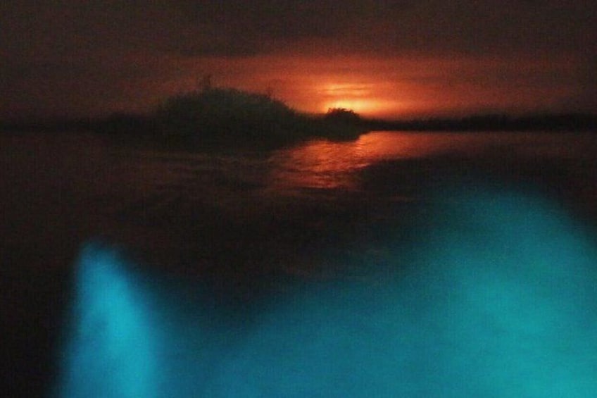 Une étendue d'eau reflétant un coucher de soleil, avec la silhouette d'une masse terrestre visible au loin. 1