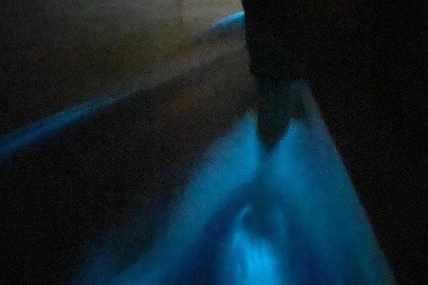 A blurred view of a person walking on a path with blue lighting. 3