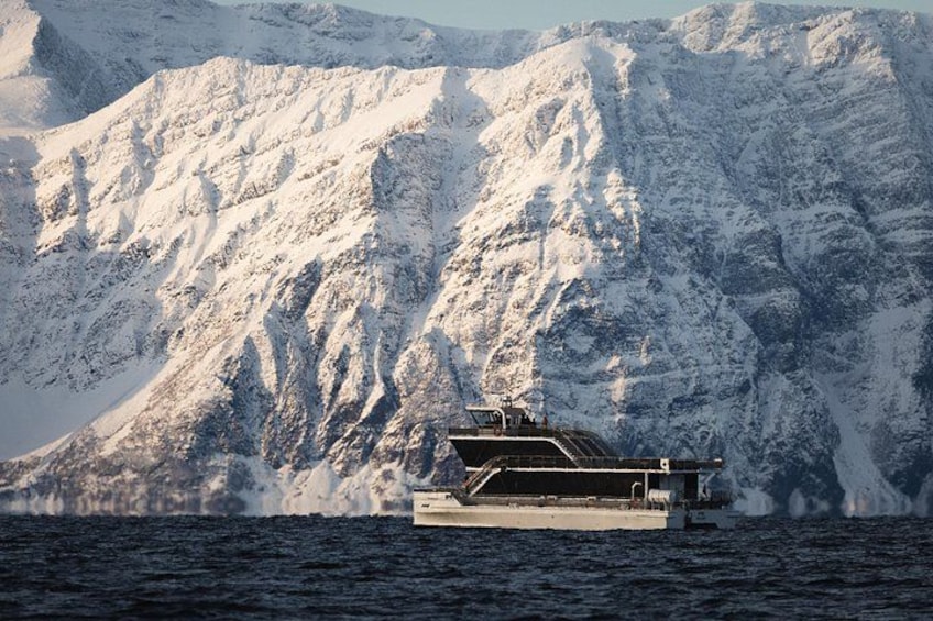 A boat on calm waters with snow-covered mountains in the background. 2