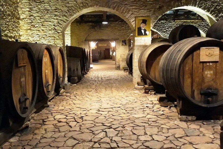 Une cave au sol en pierre et aux barriques en bois. 1
