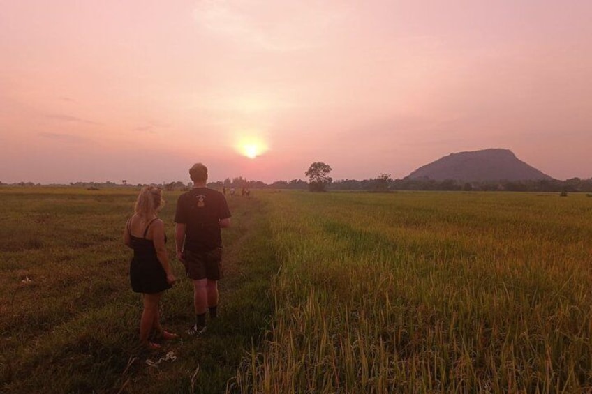 A couple walking in a field during sunset with a hill in the background. 5