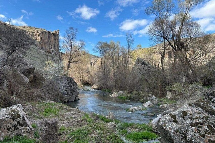 Un fiume che scorre attraverso un canyon roccioso con scarsa vegetazione e cielo sereno. 2