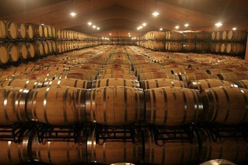 A large number of wooden barrels arranged in rows inside a building. 5