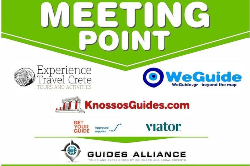 Een groene banner met de tekst 'MEETING POINT' en logo's van Experience Travel Crete, KnossosGuides.com, WeGuide.gr en Vlator. 4