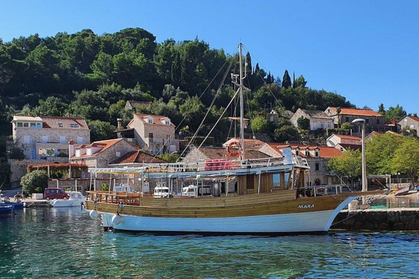 A wooden boat named 'MARA' docked at a harbor with houses and trees in the background. 4