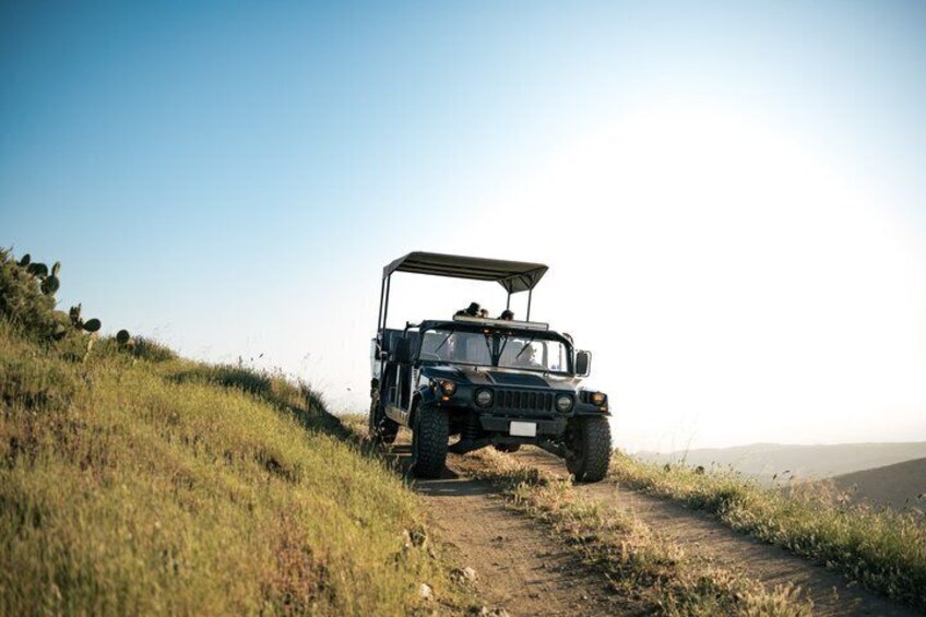 A black off-road vehicle on a dirt path in a grassy area. 1