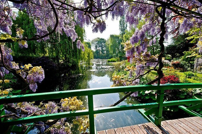 Un jardín tranquilo con glicinas moradas, un puente de madera y una masa de agua serena. 2