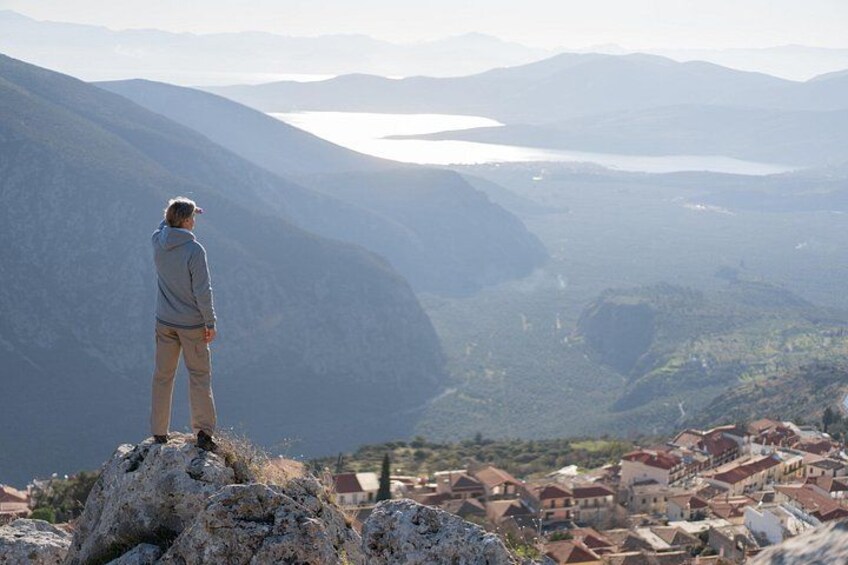 One of our travellers overlooking the Delphi town on Mountain Parnassus 2