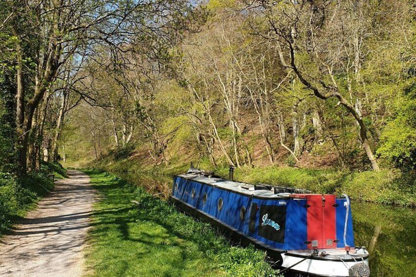 Un canal estrecho con un bote azul y rojo amarrado a la derecha, rodeado de árboles y un sendero de tierra a la izquierda. 2